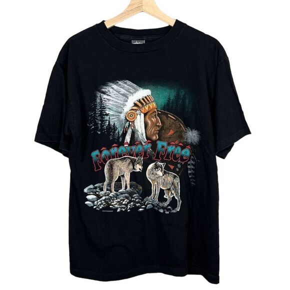 Vintage 90s American Thunder Forever Free Indian Wolfs Lightning T-shirt Made in - Picture 1 of 6